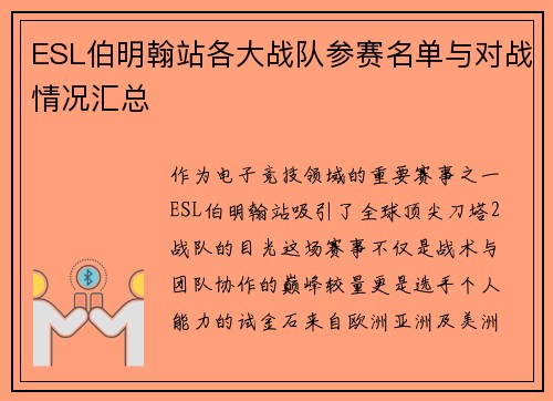 ESL伯明翰站各大战队参赛名单与对战情况汇总